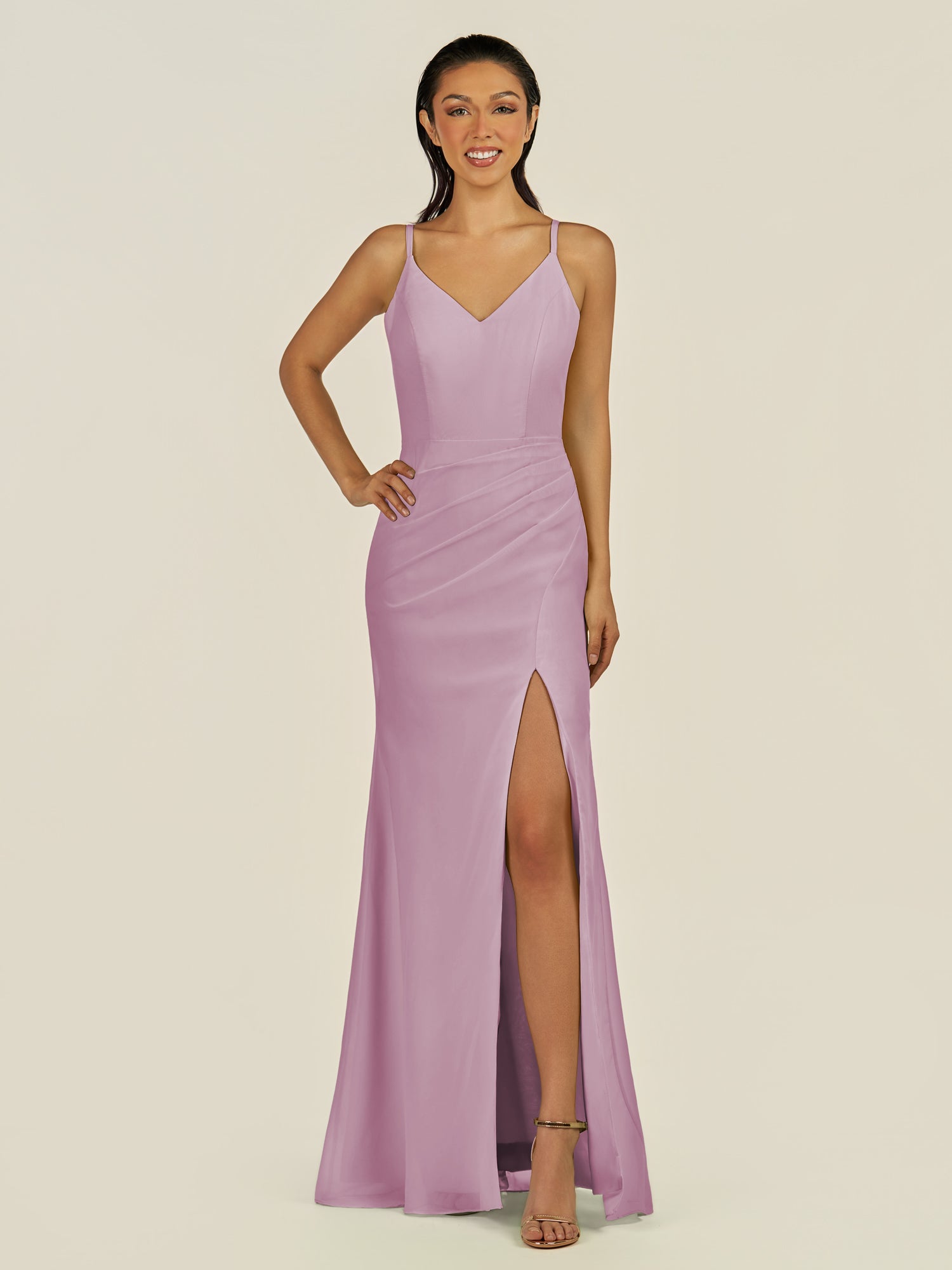 KissDress-Santillia Wisteria Sheath Chiffon V Neck Long Bridesmaid Dress with Slit