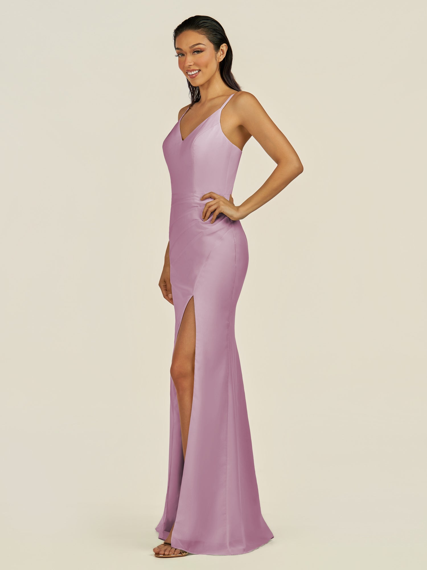 KissDress-Santillia Wisteria Sheath Chiffon V Neck Long Bridesmaid Dress with Slit