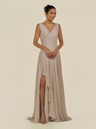 KissDress-Saphir Almond A Line Chiffon V Neck Ruched Long Bridesmaid Dress with Slit