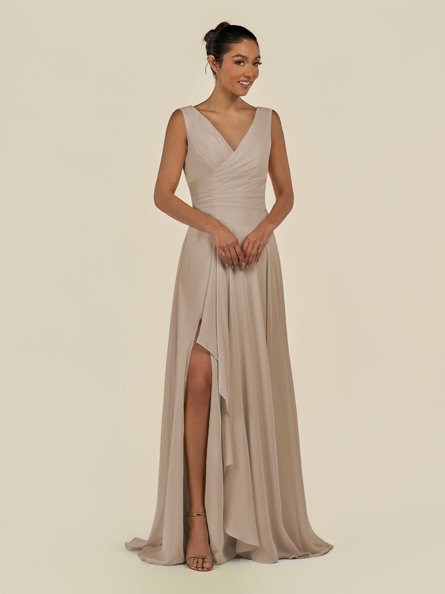 KissDress-Saphir Almond A Line Chiffon V Neck Ruched Long Bridesmaid Dress with Slit
