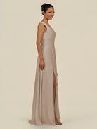 KissDress-Saphir Almond A Line Chiffon V Neck Ruched Long Bridesmaid Dress with Slit