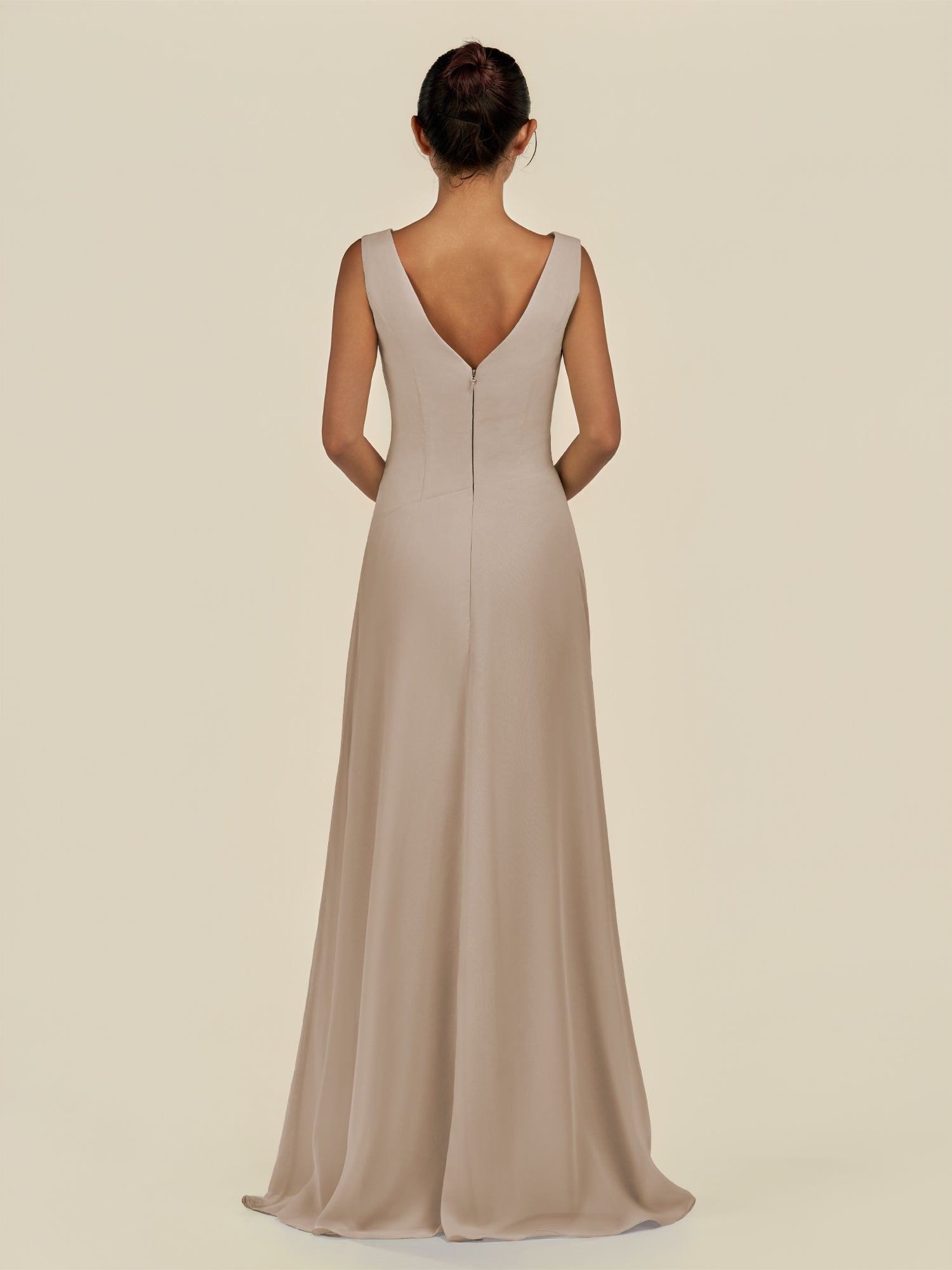 KissDress-Saphir Almond A Line Chiffon V Neck Ruched Long Bridesmaid Dress with Slit