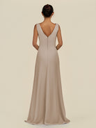 KissDress-Saphir Almond A Line Chiffon V Neck Ruched Long Bridesmaid Dress with Slit
