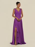 KissDress-Saphir Amethyst A Line Chiffon V Neck Ruched Long Bridesmaid Dress with Slit