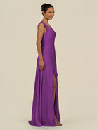 KissDress-Saphir Amethyst A Line Chiffon V Neck Ruched Long Bridesmaid Dress with Slit