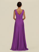 KissDress-Saphir Amethyst A Line Chiffon V Neck Ruched Long Bridesmaid Dress with Slit