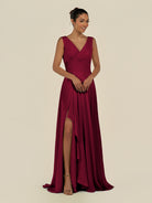 KissDress-Saphir Berry A Line Chiffon V Neck Ruched Long Bridesmaid Dress with Slit