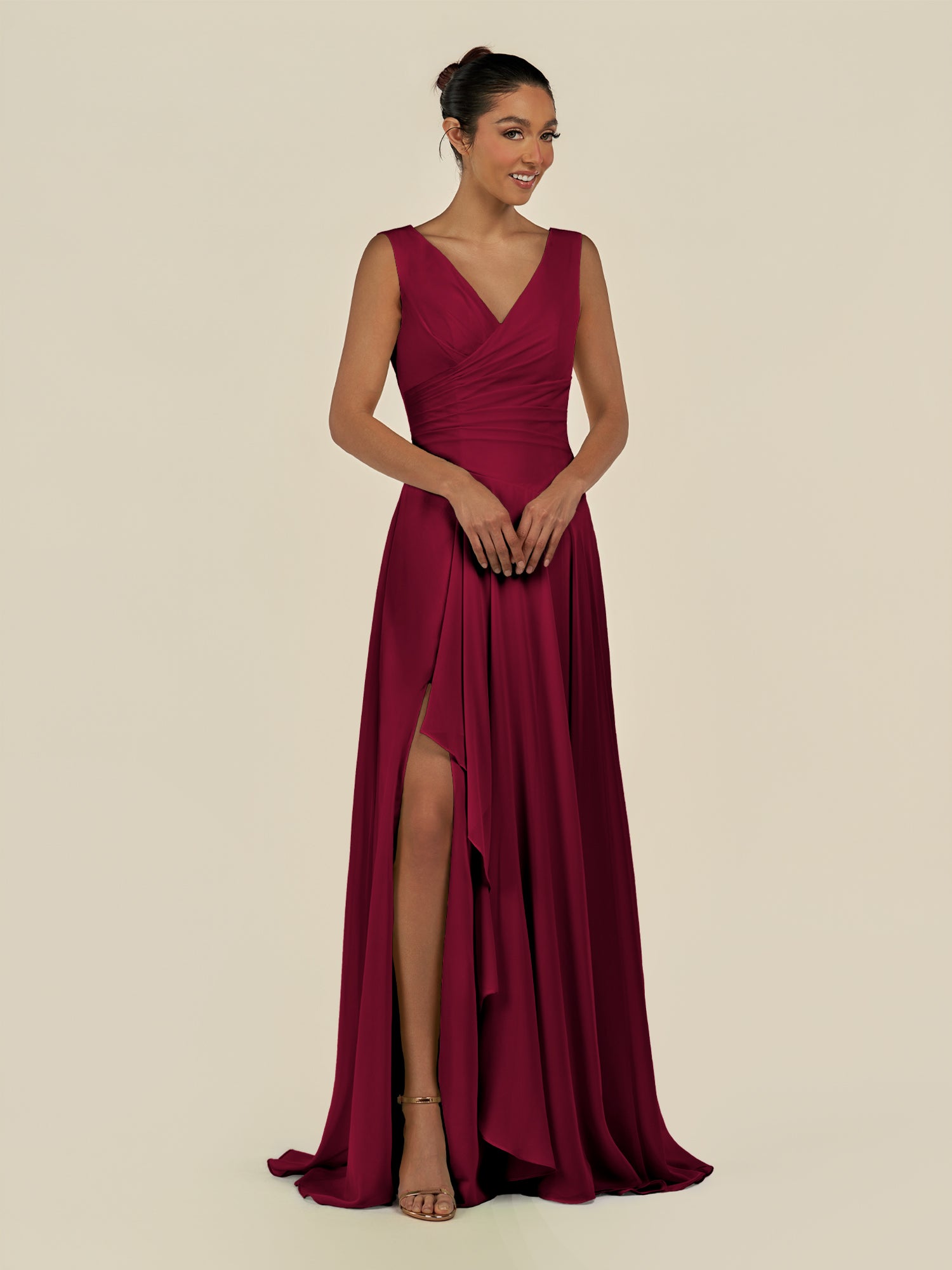 KissDress-Saphir Berry A Line Chiffon V Neck Ruched Long Bridesmaid Dress with Slit