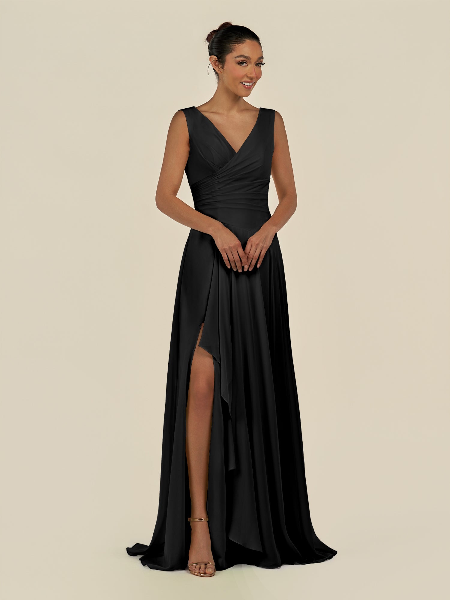 KissDress-Saphir Black A Line Chiffon V Neck Ruched Long Bridesmaid Dress with Slit