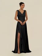 KissDress-Saphir Black A Line Chiffon V Neck Ruched Long Bridesmaid Dress with Slit