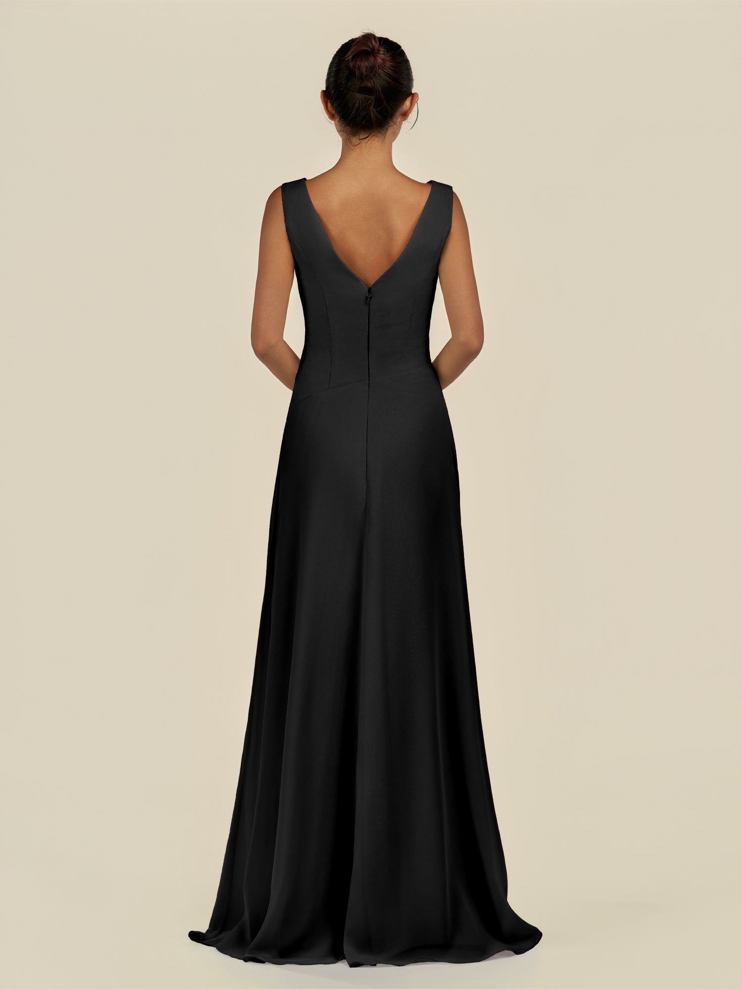KissDress-Saphir Black A Line Chiffon V Neck Ruched Long Bridesmaid Dress with Slit