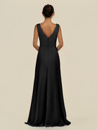 KissDress-Saphir Black A Line Chiffon V Neck Ruched Long Bridesmaid Dress with Slit