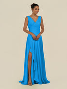 KissDress-Saphir Blue Jay A Line Chiffon V Neck Ruched Long Bridesmaid Dress with Slit