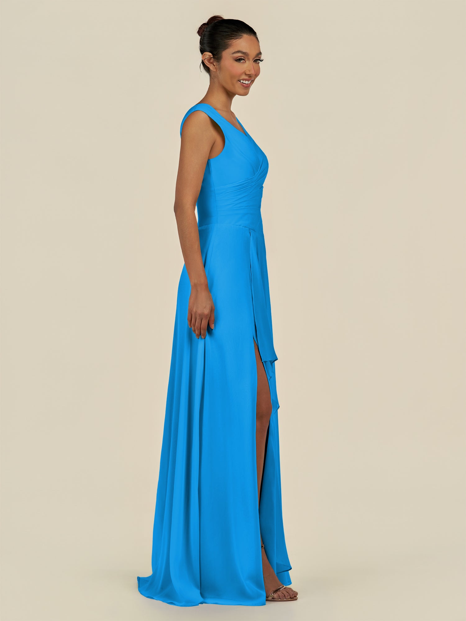 KissDress-Saphir Blue Jay A Line Chiffon V Neck Ruched Long Bridesmaid Dress with Slit
