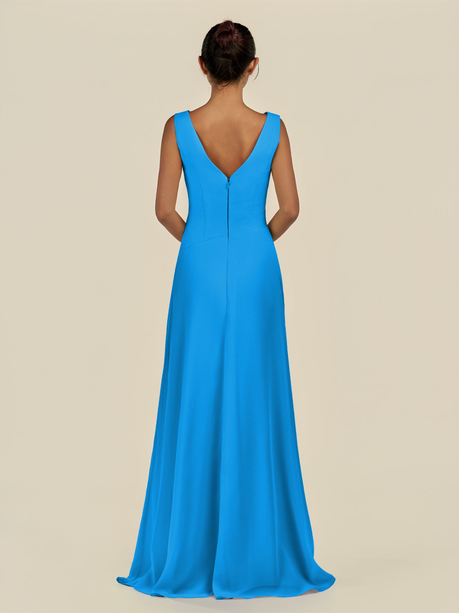 KissDress-Saphir Blue Jay A Line Chiffon V Neck Ruched Long Bridesmaid Dress with Slit