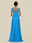 KissDress-Saphir Blue Jay A Line Chiffon V Neck Ruched Long Bridesmaid Dress with Slit