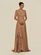 KissDress-Saphir Bronzer A Line Chiffon V Neck Ruched Long Bridesmaid Dress with Slit