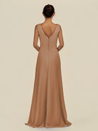 KissDress-Saphir Bronzer A Line Chiffon V Neck Ruched Long Bridesmaid Dress with Slit