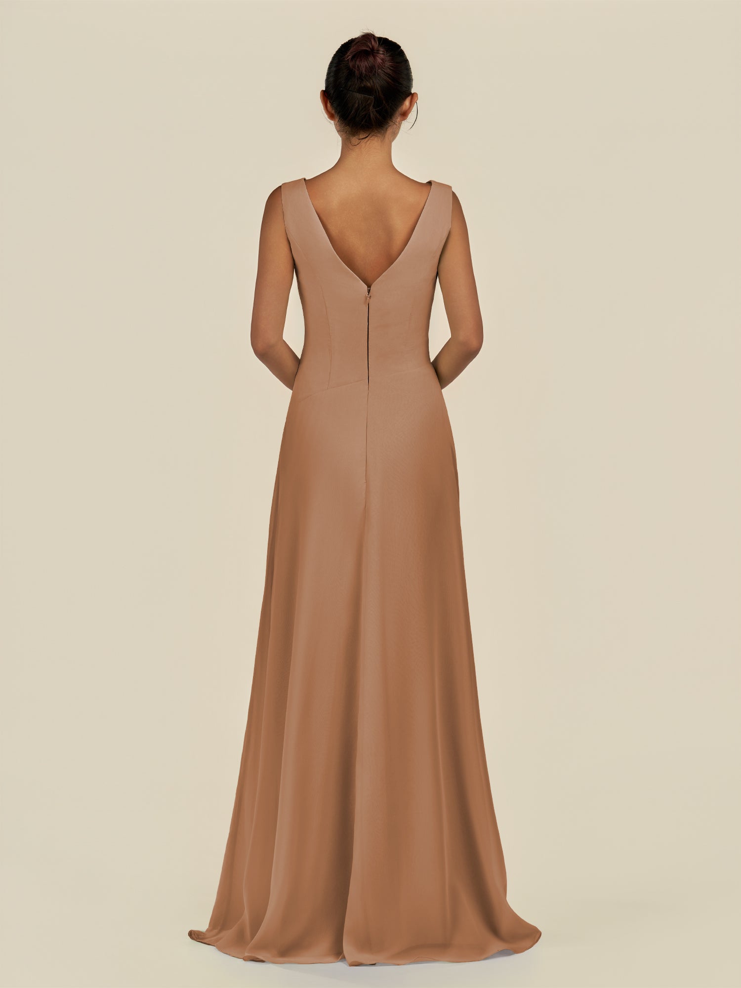 KissDress-Saphir Bronzer A Line Chiffon V Neck Ruched Long Bridesmaid Dress with Slit