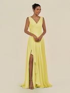 KissDress-Saphir Buttercup A Line Chiffon V Neck Ruched Long Bridesmaid Dress with Slit