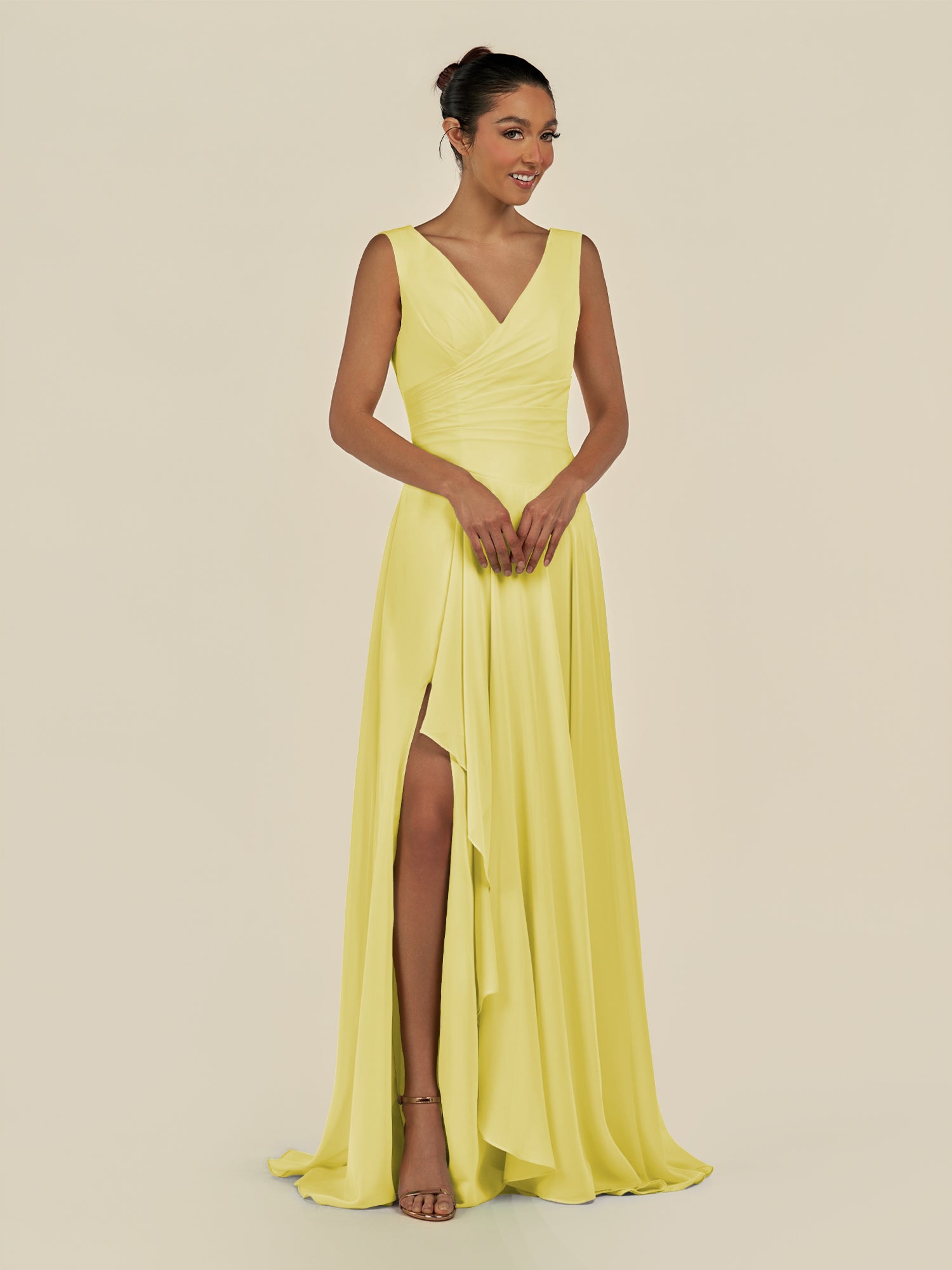KissDress-Saphir Buttercup A Line Chiffon V Neck Ruched Long Bridesmaid Dress with Slit