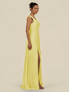 KissDress-Saphir Buttercup A Line Chiffon V Neck Ruched Long Bridesmaid Dress with Slit