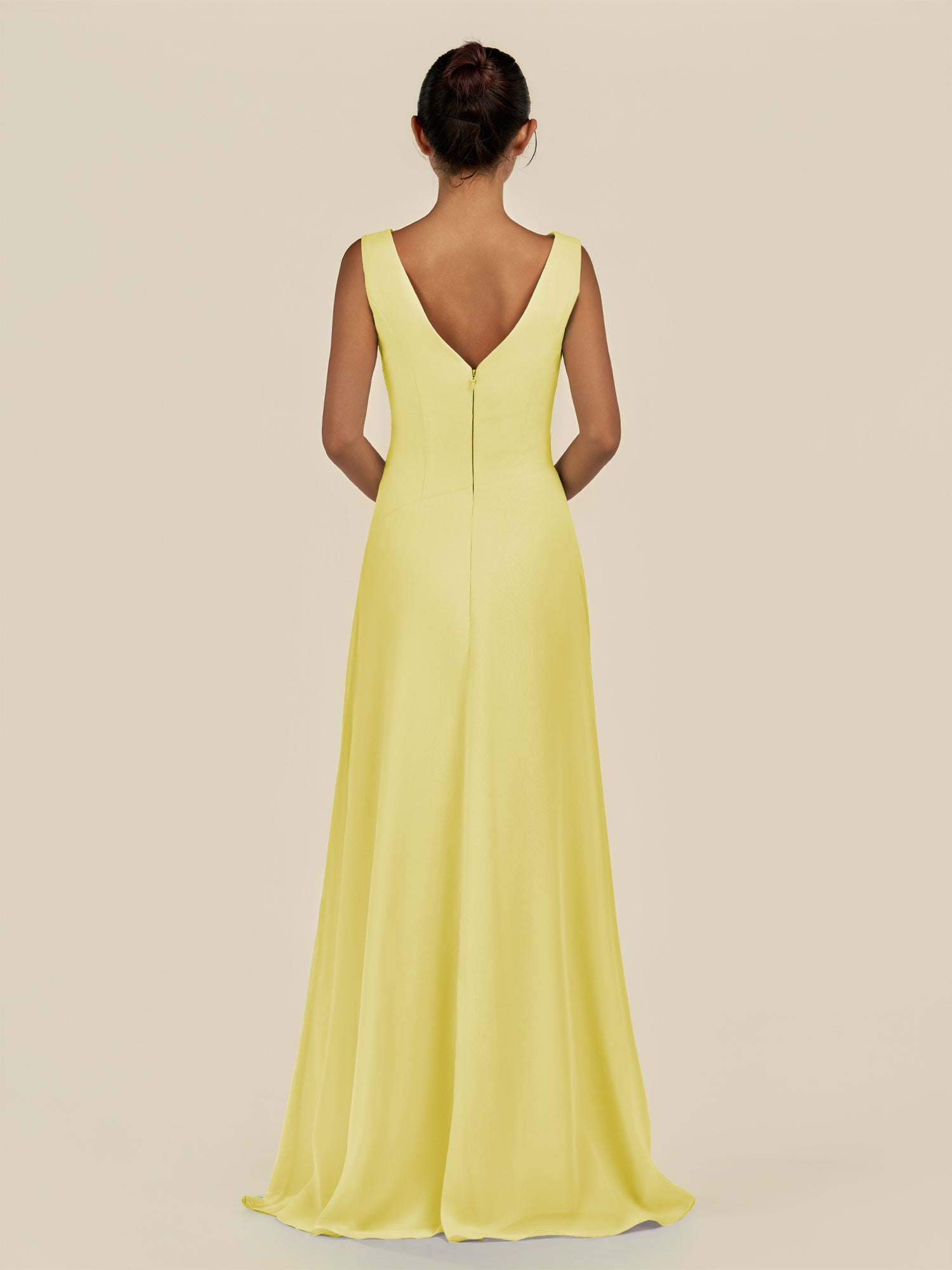 KissDress-Saphir Buttercup A Line Chiffon V Neck Ruched Long Bridesmaid Dress with Slit