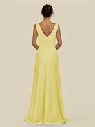 KissDress-Saphir Buttercup A Line Chiffon V Neck Ruched Long Bridesmaid Dress with Slit