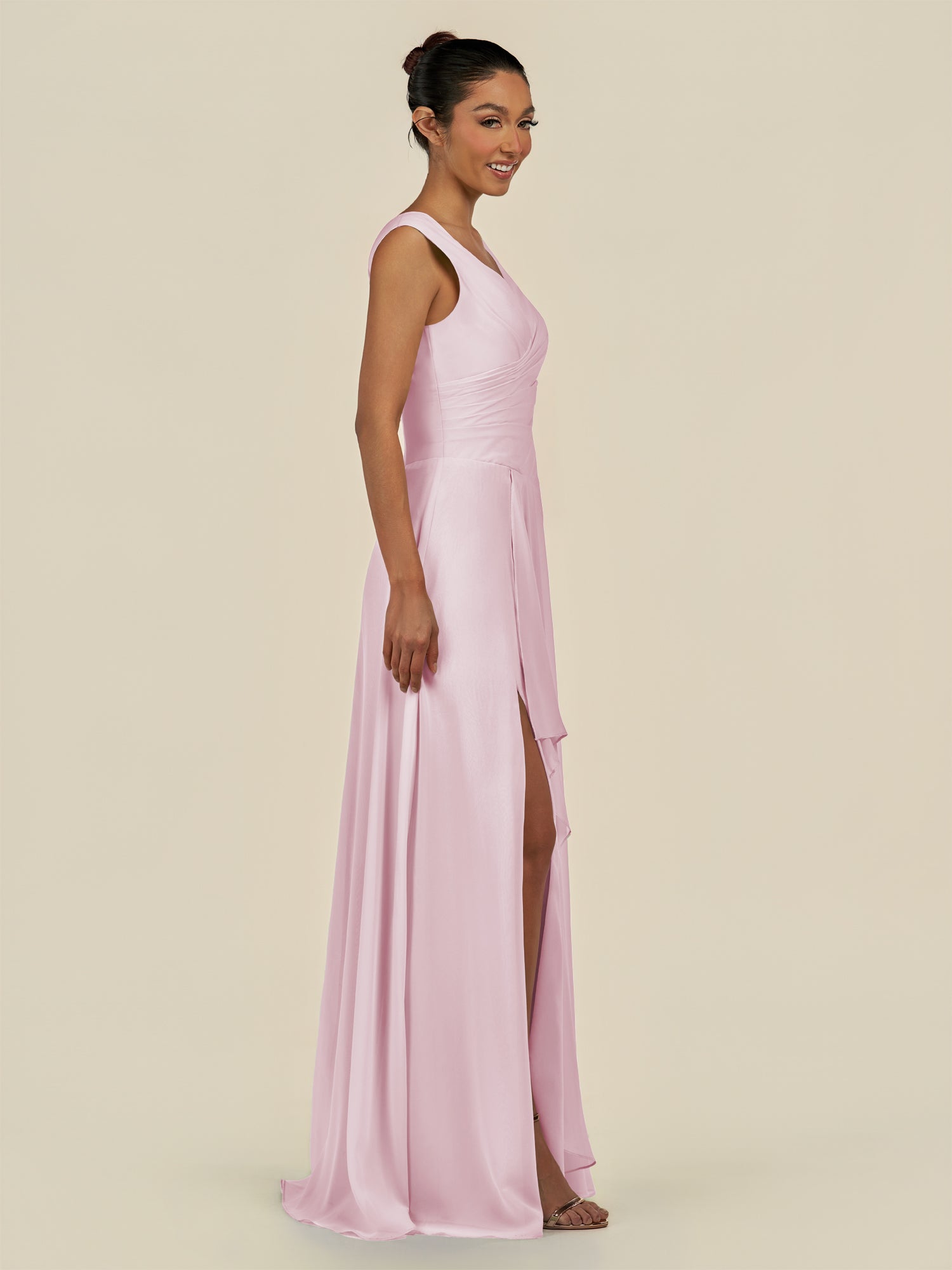 KissDress-Saphir Candy Pink A Line Chiffon V Neck Ruched Long Bridesmaid Dress with Slit