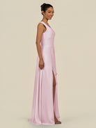 KissDress-Saphir Candy Pink A Line Chiffon V Neck Ruched Long Bridesmaid Dress with Slit
