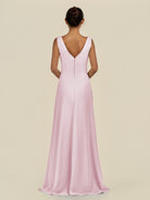 KissDress-Saphir Candy Pink A Line Chiffon V Neck Ruched Long Bridesmaid Dress with Slit