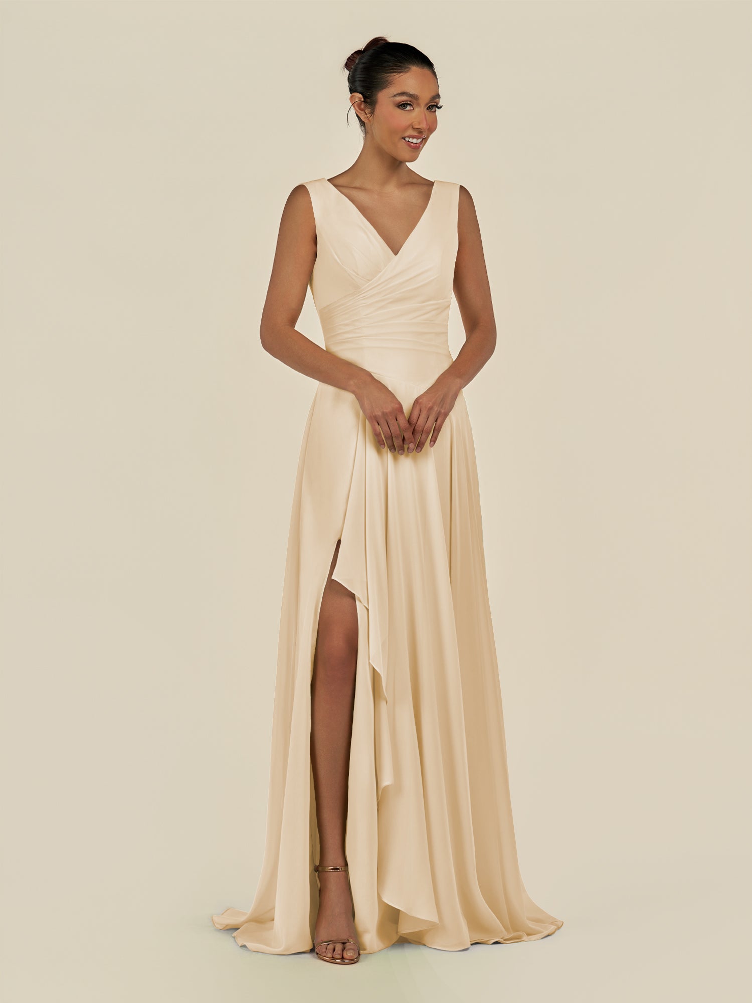 KissDress-Saphir Champagne A Line Chiffon V Neck Ruched Long Bridesmaid Dress with Slit