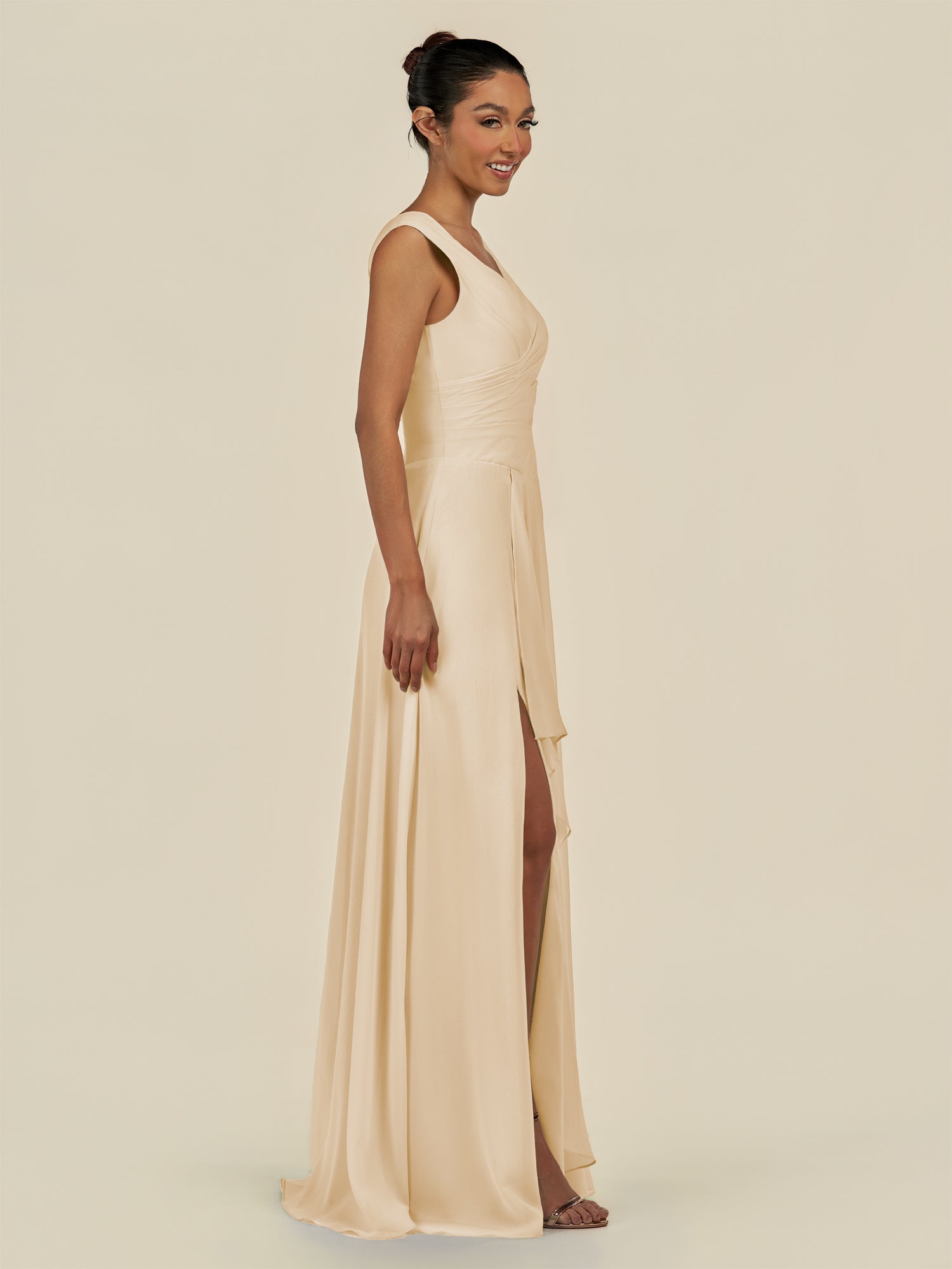 KissDress-Saphir Champagne A Line Chiffon V Neck Ruched Long Bridesmaid Dress with Slit