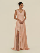 KissDress-Saphir Champagne Rose A Line Chiffon V Neck Ruched Long Bridesmaid Dress with Slit