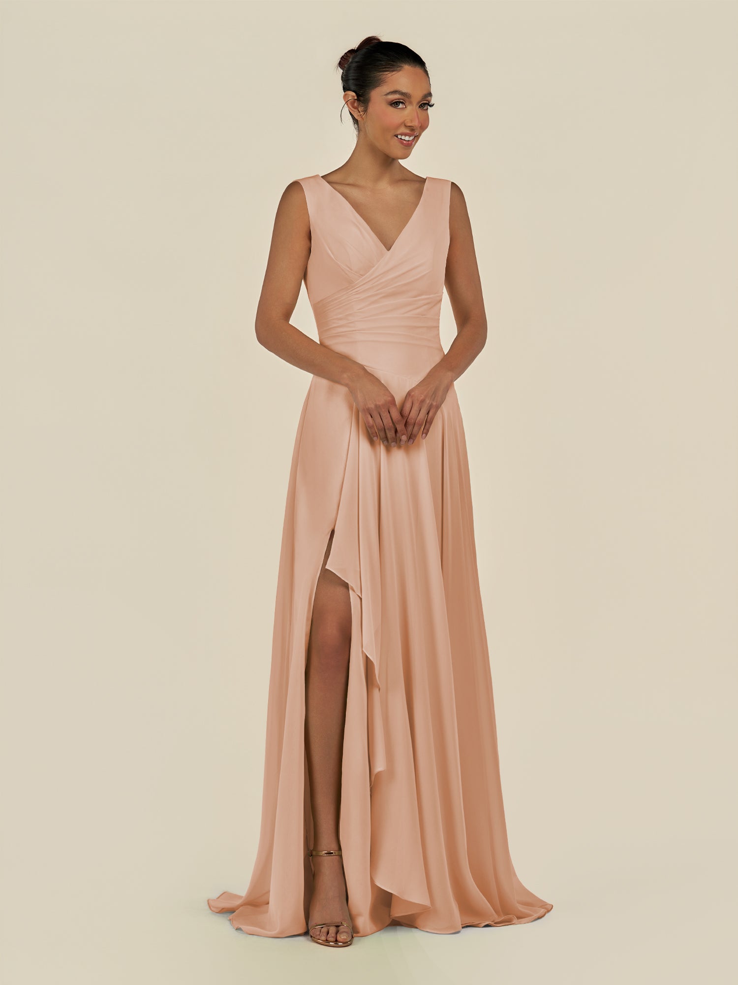 KissDress-Saphir Champagne Rose A Line Chiffon V Neck Ruched Long Bridesmaid Dress with Slit