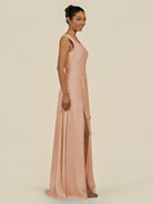 KissDress-Saphir Champagne Rose A Line Chiffon V Neck Ruched Long Bridesmaid Dress with Slit
