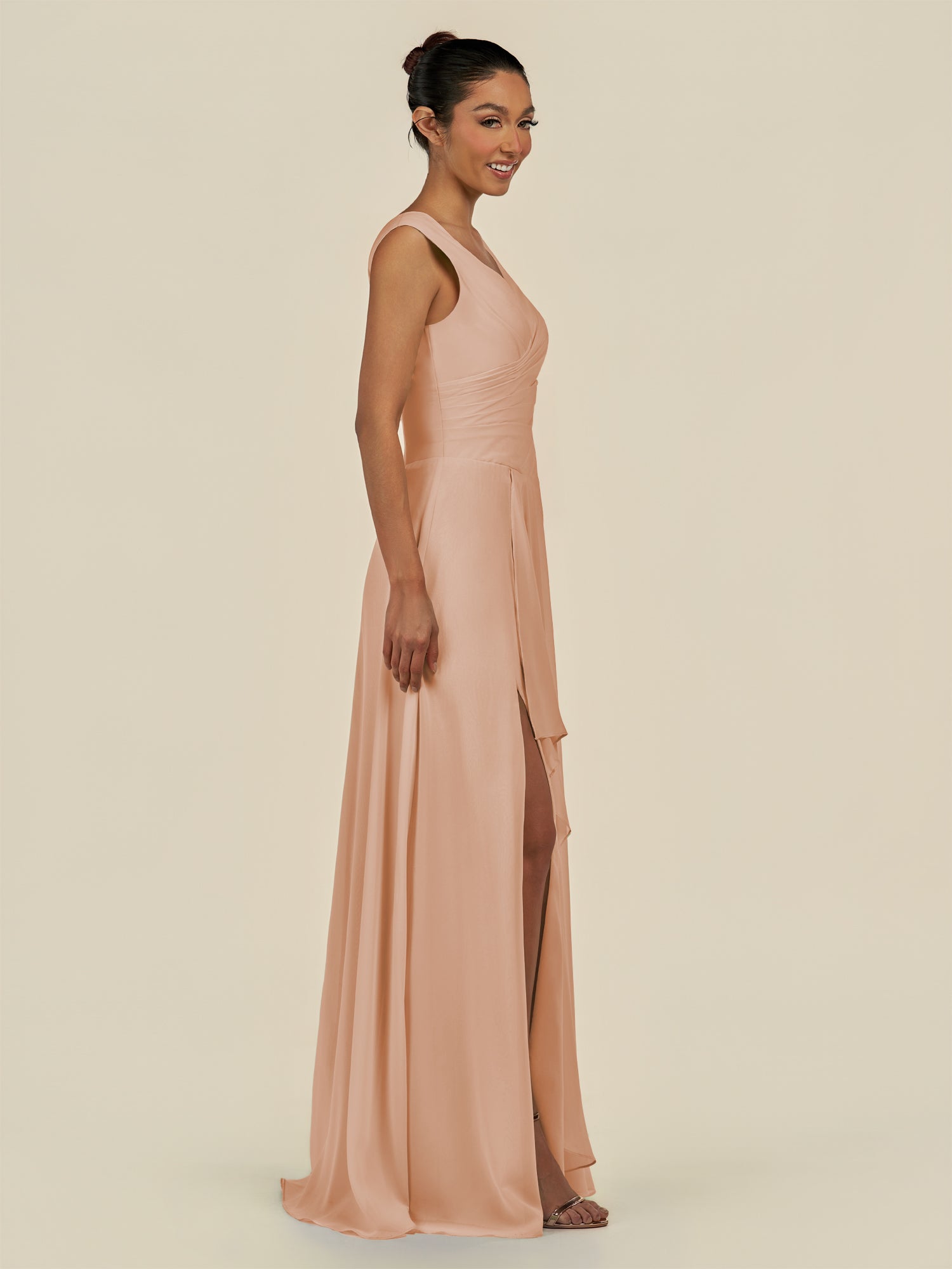 KissDress-Saphir Champagne Rose A Line Chiffon V Neck Ruched Long Bridesmaid Dress with Slit