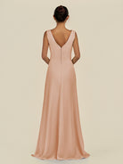 KissDress-Saphir Champagne Rose A Line Chiffon V Neck Ruched Long Bridesmaid Dress with Slit