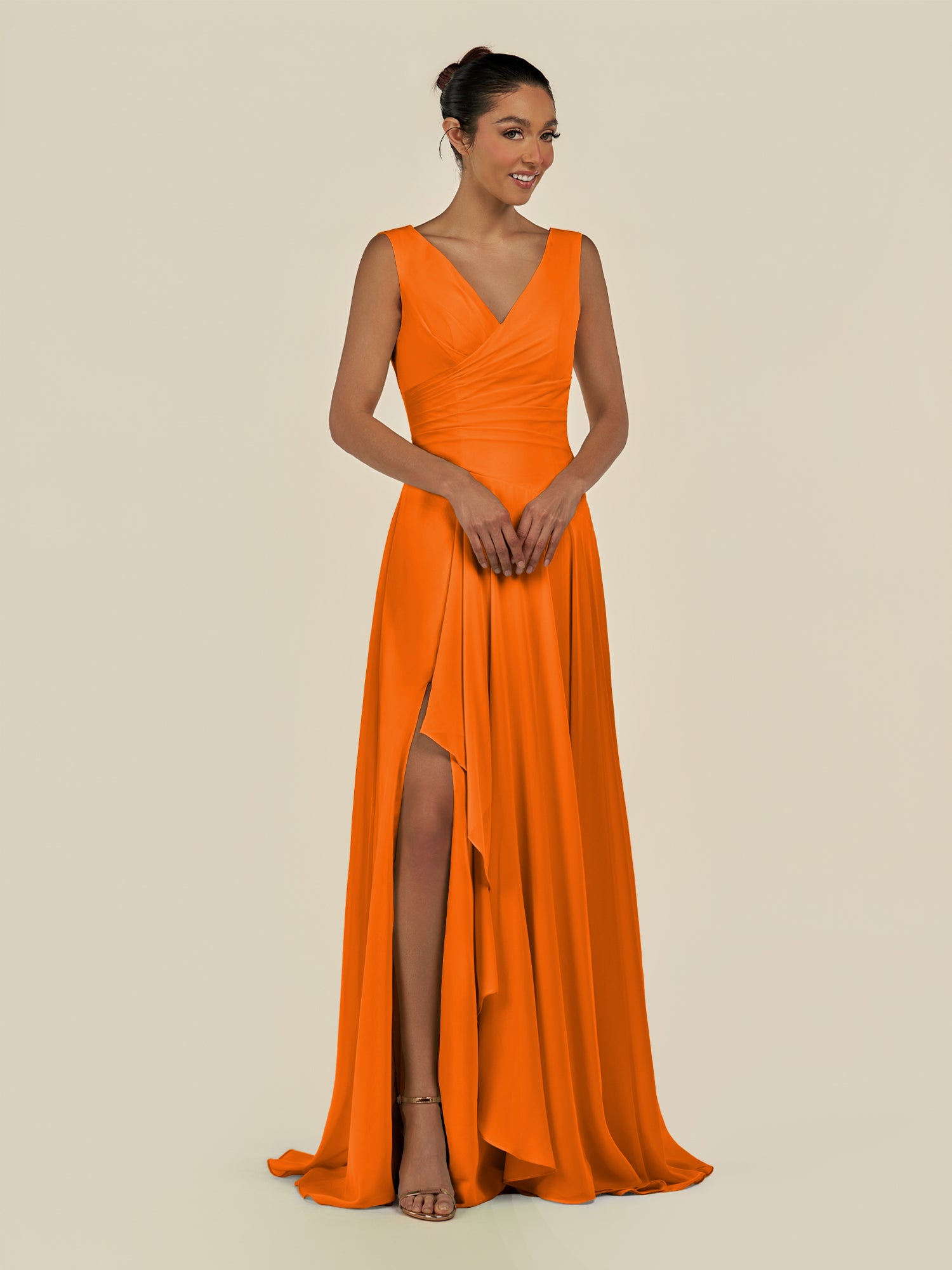 KissDress-Saphir Cinnamon A Line Chiffon V Neck Ruched Long Bridesmaid Dress with Slit