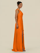 KissDress-Saphir Cinnamon A Line Chiffon V Neck Ruched Long Bridesmaid Dress with Slit
