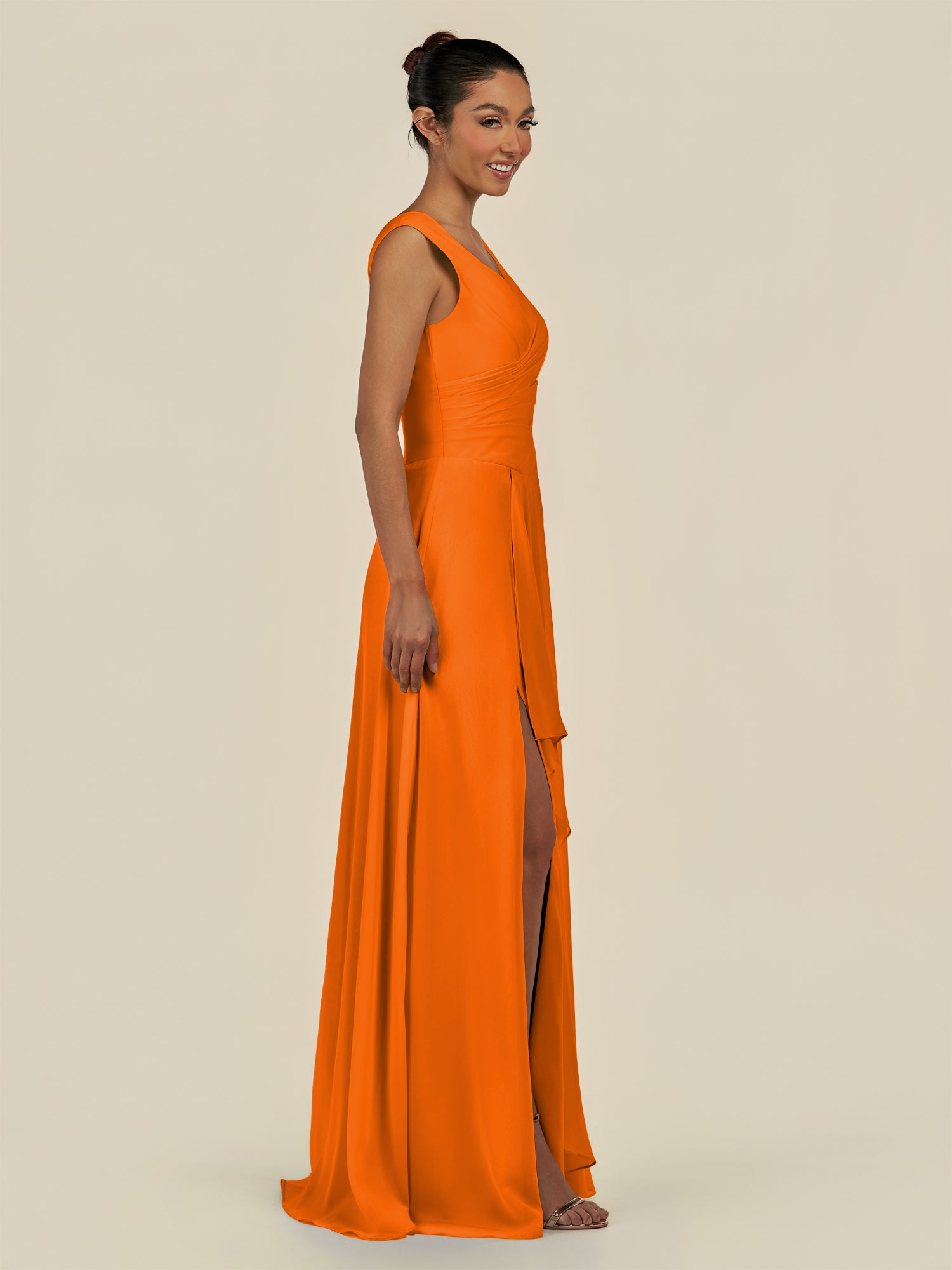 KissDress-Saphir Cinnamon A Line Chiffon V Neck Ruched Long Bridesmaid Dress with Slit