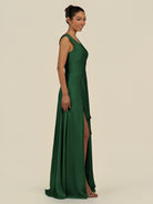 KissDress-Saphir Dark Green A Line Chiffon V Neck Ruched Long Bridesmaid Dress with Slit