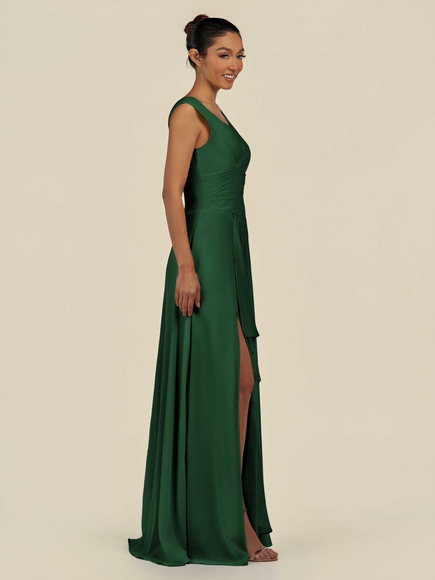 KissDress-Saphir Dark Green A Line Chiffon V Neck Ruched Long Bridesmaid Dress with Slit