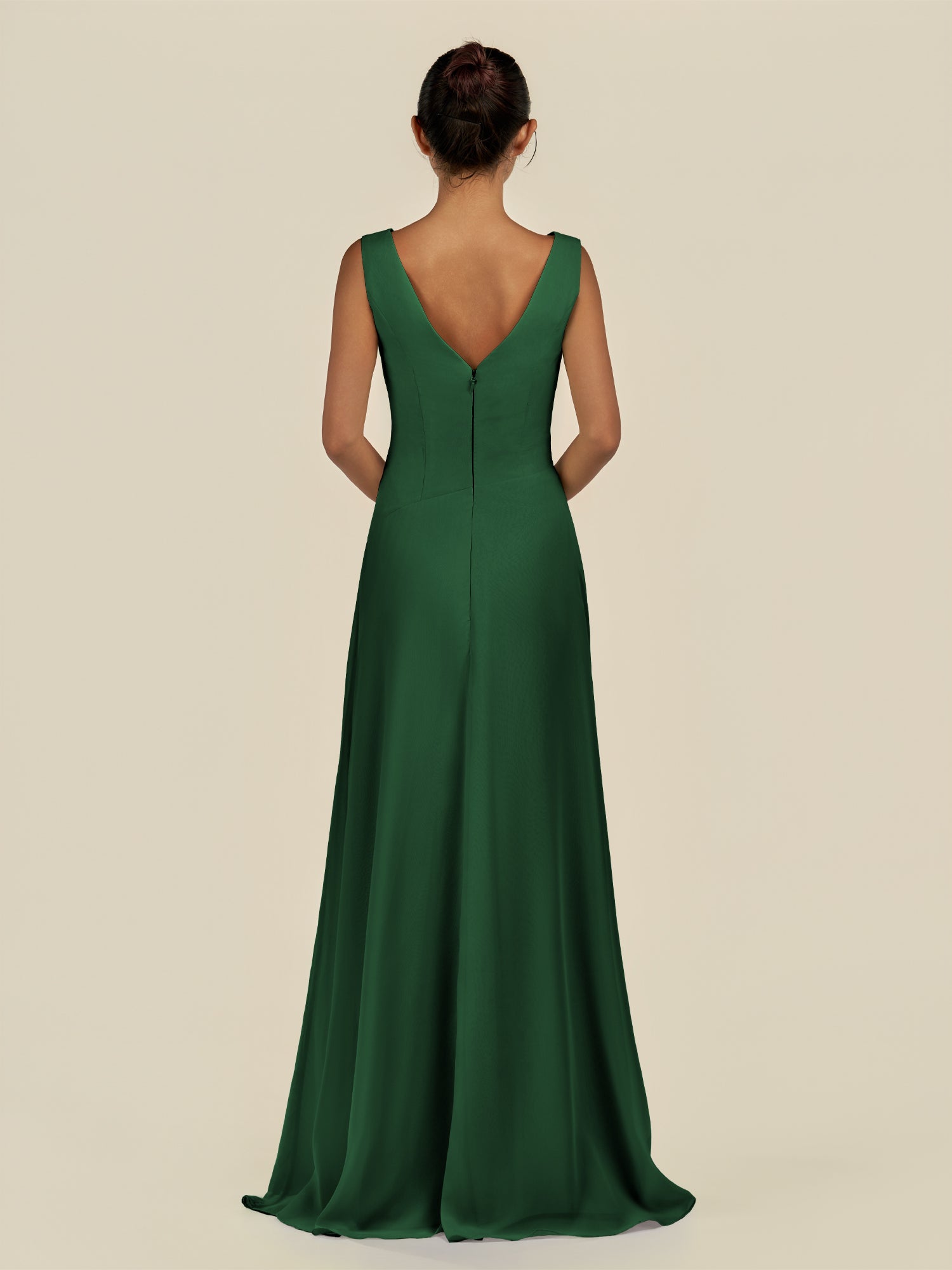 KissDress-Saphir Dark Green A Line Chiffon V Neck Ruched Long Bridesmaid Dress with Slit