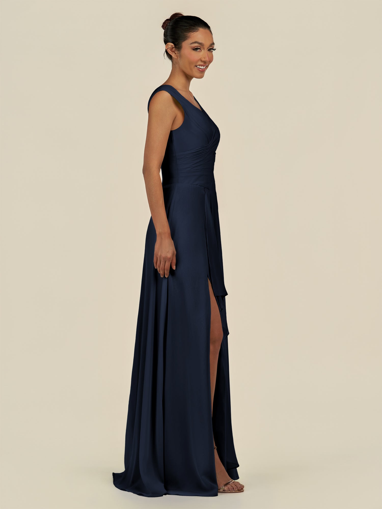 KissDress-Saphir Dark Navy A Line Chiffon V Neck Ruched Long Bridesmaid Dress with Slit
