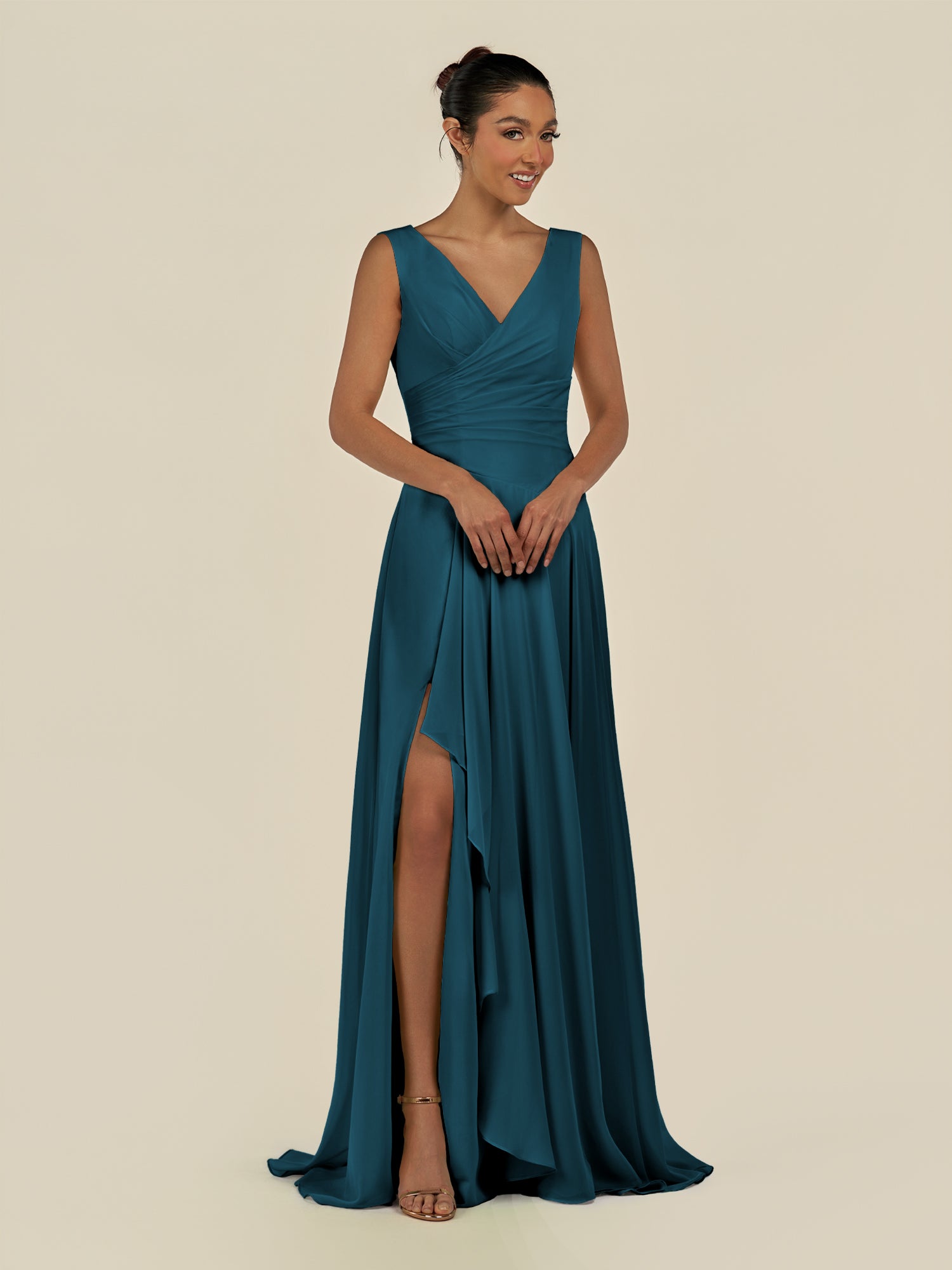 KissDress-Saphir Dark Teal A Line Chiffon V Neck Ruched Long Bridesmaid Dress with Slit