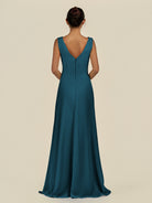 KissDress-Saphir Dark Teal A Line Chiffon V Neck Ruched Long Bridesmaid Dress with Slit