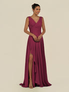 KissDress-Saphir Desert Rose A Line Chiffon V Neck Ruched Long Bridesmaid Dress with Slit