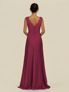 KissDress-Saphir Desert Rose A Line Chiffon V Neck Ruched Long Bridesmaid Dress with Slit