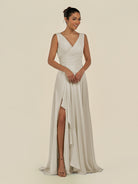 KissDress-Saphir Dove Gray A Line Chiffon V Neck Ruched Long Bridesmaid Dress with Slit